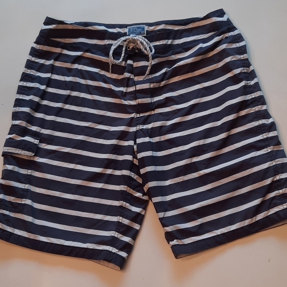 J. Crew waist 32 navy blue white stripe swim trunks